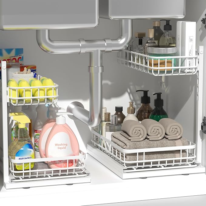 Under Sink Organizer, Adjustable Height Pull-Out Kitchen Storage Organization,15.8" x 11.8" x 16.5", 2-Tier Kitchen Shelf, Bathroom Drawer Organizer, 2 Pack|White