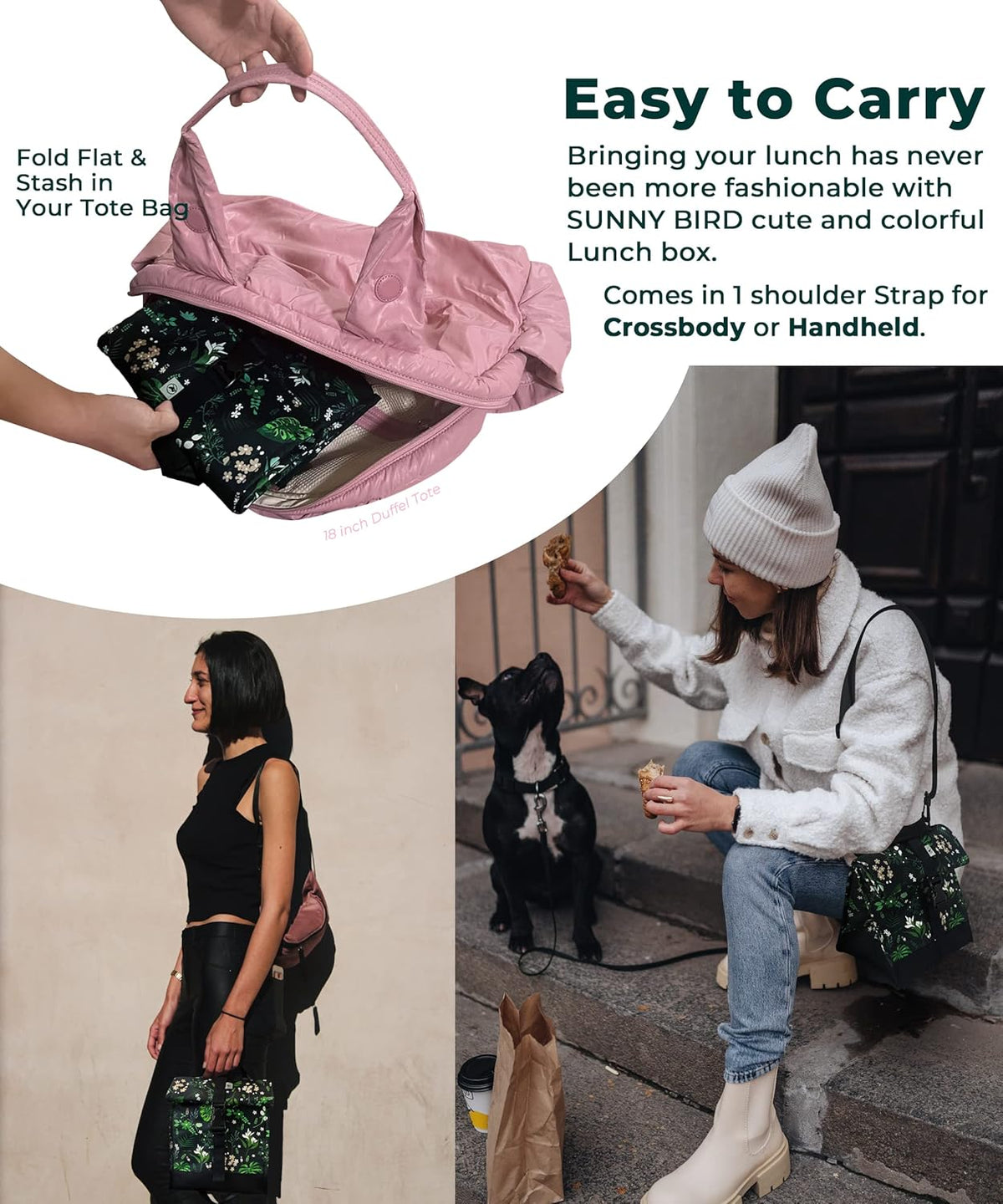 SUNNY BIRD Insulated Lunch Bag Rolltop Lunch Box Tote Bag for Women, Men, Adults and Teens (Floral & Foliage)