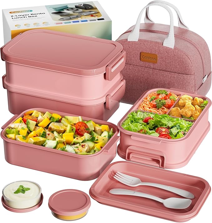 Adults Bento Box with Insulated Lunch Bag, 74oz Capacity 3 Stackable Leak-Proof Bento Box Built-In Utensil and Sauce, PFAS & BPA-Free, Microwave & Dishwasher Safe (Rose Pink)