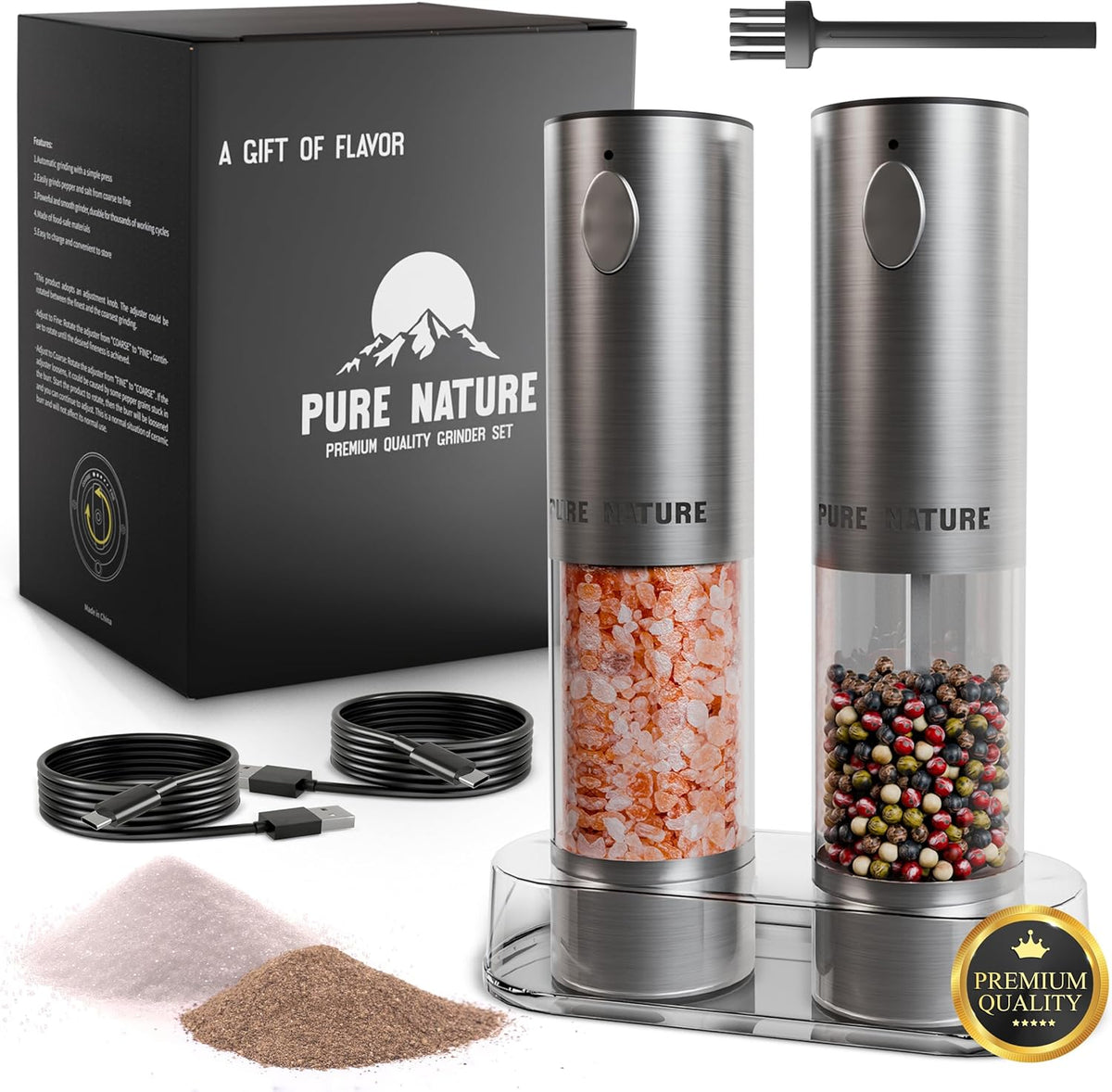 Pure Nature Electric Rechargeable Salt and Pepper Grinder Set with tray: Premium quality with upgraded larger capacity and LED Lights, 5 Adjustable Coarseness, Refillable, Type-C Fast Charging.