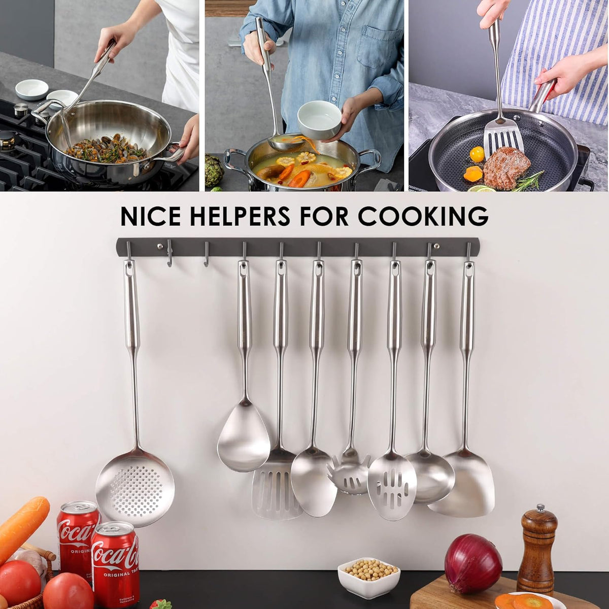 18/10 Stainless Steel Kitchen Utensils Set - 15” All Metal Cooking Tools & Serving Utensils, 8 PCS - Solid Spoon, Slotted Spoon, Spatula, Ladle, Skimmer, Tunner, Spaghetti Spoon, Large Spoon Set