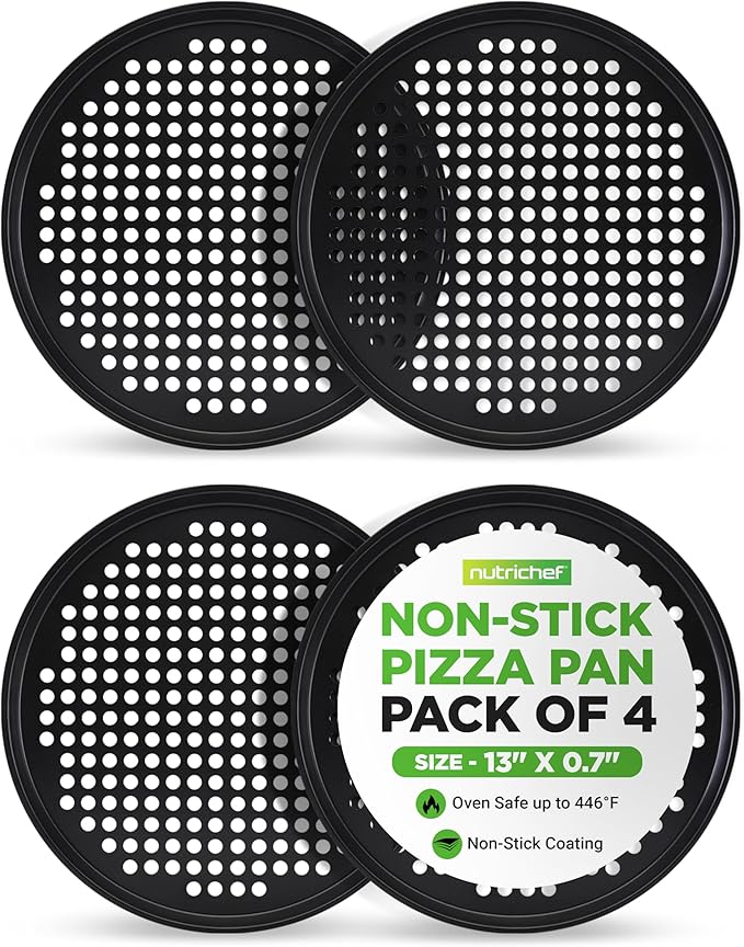 NutriChef 4-Pack 13’’ Non-Stick Pizza Pans, Round Pizza Pans for Oven, Commercial-Grade Carbon Steel, Non-Stick Gray Coating, Ideal for Baking Pizza, Cookies and More, Dishwasher Safe