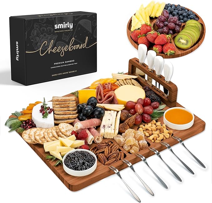 SMIRLY Charcuterie Boards Set - Large Bamboo Cheese Board Set - House Warming Gifts New Home, Wedding Gift for Couple, Bridal Shower Gift, Birthday Gifts for Women