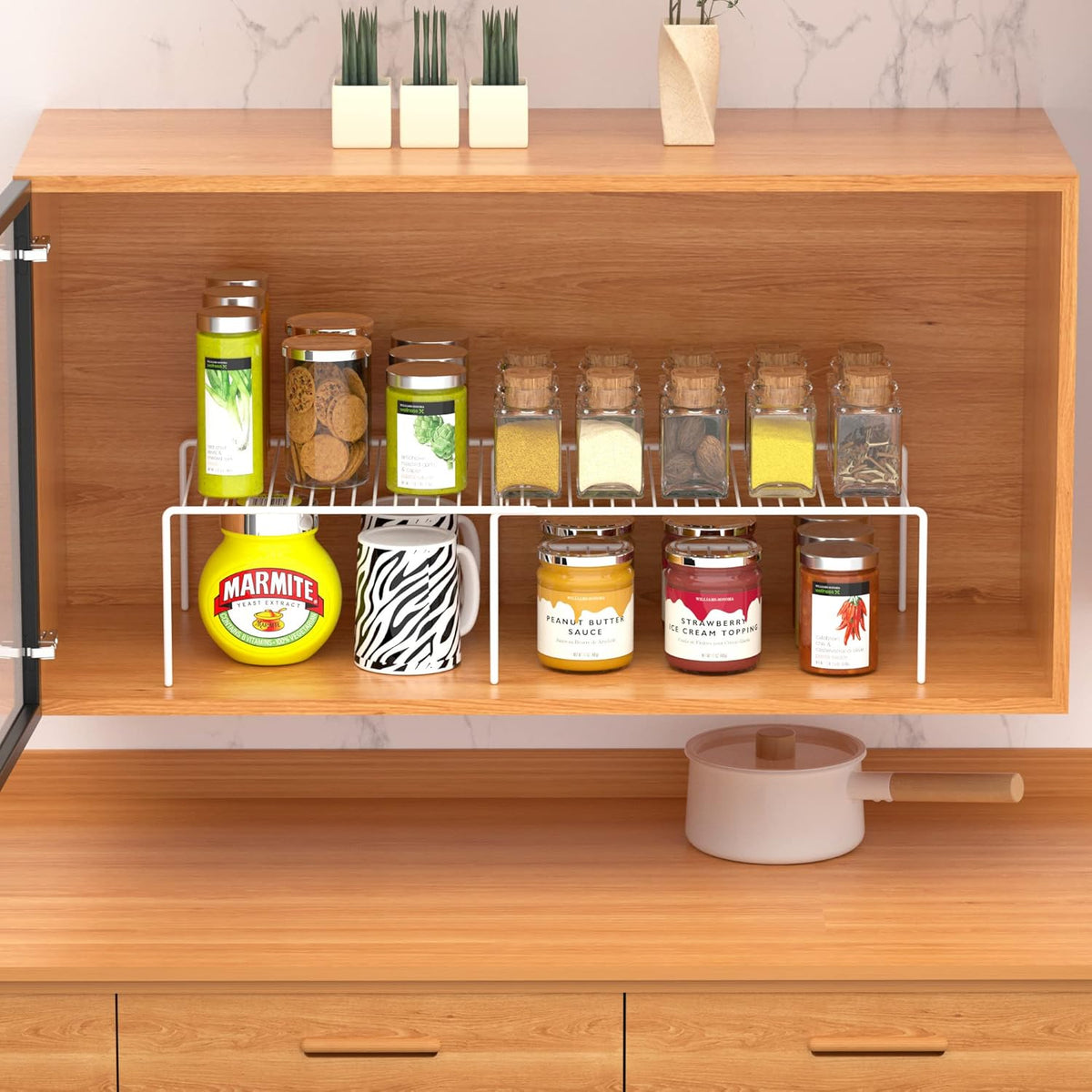 Redrubbit Cabinet Storage Shelf Rack, Expandable Metal Rustproof Kitchen Counter and Cabinet Shelf, Storage Rack Organizer Space Saver for Kitchen, Fridge, Cabinet, Bathroom, White