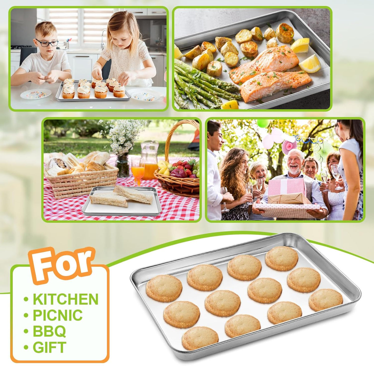 CEKEE Stainless Steel Cookie Sheets for Baking, 2PCS Stainless Steel Baking Sheet, Size 12 x 10 x 0.98 Inch，Heavy Duty & Easy Clean Baking Pans Tray Set