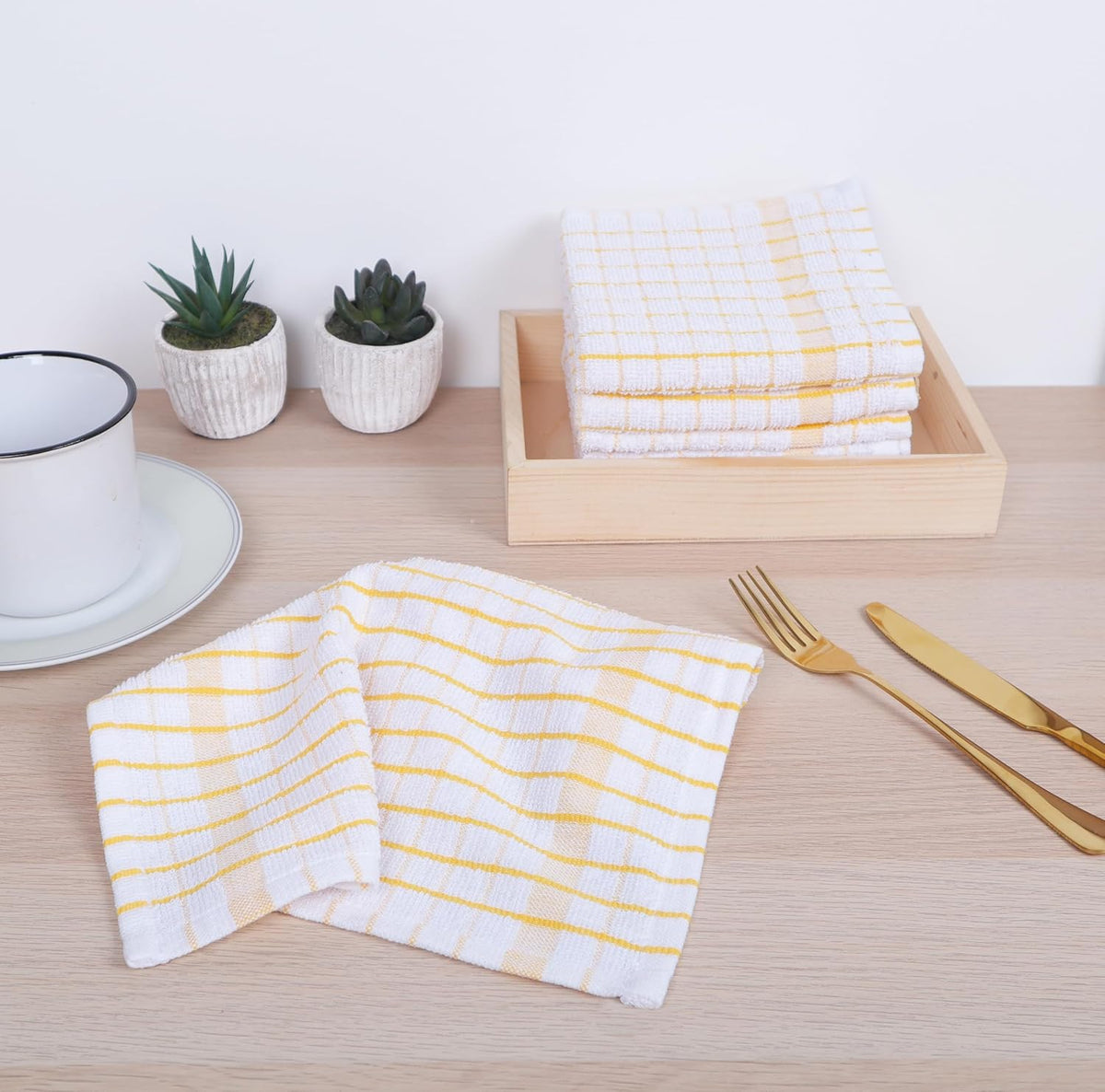 AMOUR INFINI Kitchen Dish Cloths Set of 8 - Ultra Soft, Highly Absorbent, Quick-Drying Terry Cotton Dishcloths 12"x12" Inch Wash & Cleaning Cloths for Kitchen & Dishwashing (Yellow)