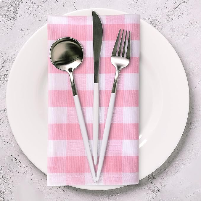 Urban Villa Cloth Napkins 100% Cotton Dinner Napkins Highly Absorbent 20x20 Inches (Set of 12) Pink White Buffalo Checks Reusable Washable Soft Durable Premium Napkins Ideal for Home Wedding Parties
