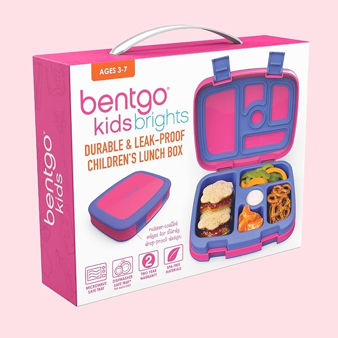 Bentgo Kids Bento-Style 5-Compartment Leak-Proof Lunch Box - Ideal Portion Sizes for Ages 3 to 7 - Durable, Drop-Proof, Dishwasher Safe, PFAS & BPA-Free & Made with Food-Safe Materials (Fuchsia)