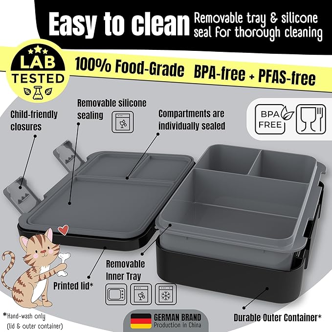 BEARFOOT Kids Lunch Box with Compartments – Compact & Lightweight | Leak-Proof, BPA-Free, Dishwasher & Microwave Safe | Hand-Drawn Design for Preschool, School, Travel (Sticker Black, 4 Cups)
