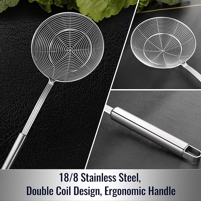 Hiware Solid Stainless Steel Spider Strainer Skimmer Ladle for Cooking and Frying, Kitchen Utensils Wire Strainer Pasta Spoon, 5.4 Inch