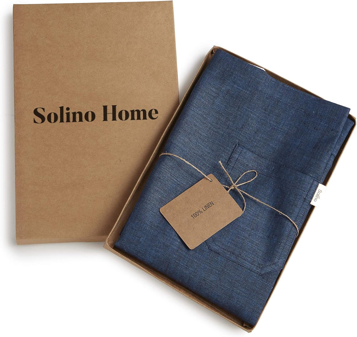 Solino Home Linen Kitchen Apron for Men & Women - 100% Pure Linen Indigo/Ivory Bib Apron with Front Pockets - Handcrafted from European Flax