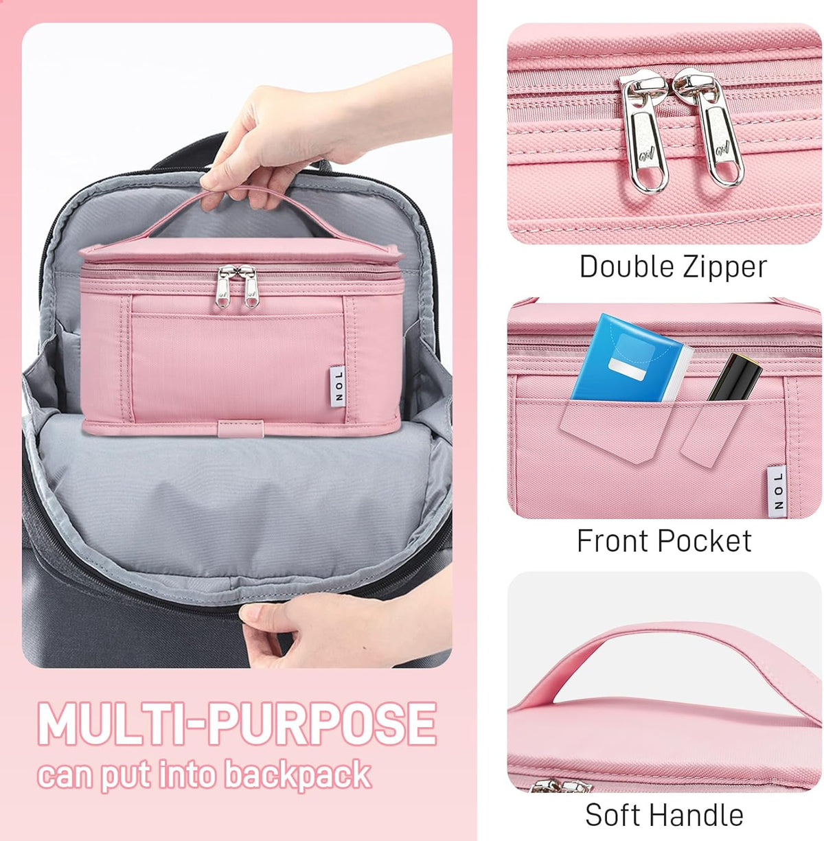 NOL Natural Organic Lifestyle Small Lunch Bag Mini Lunch Box Insulated Lunch Bag for Men/Women Leakproof Cooler Tote Bag Lightweight Nylon Waterproof Lunch Box For Work, Pink
