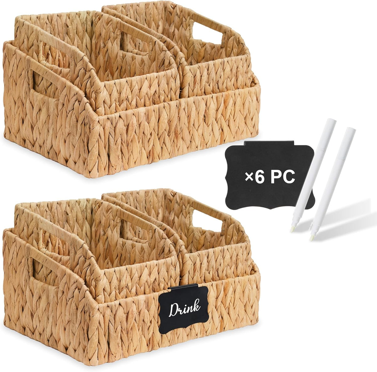 Wicker Baskets for Organizing,Pantry Baskets with Built-in Handles, Handwoven Wicker Storage Basket, Water Hyacinth Storage Bins for Shelves, 3 Pack, Natural 2 Set