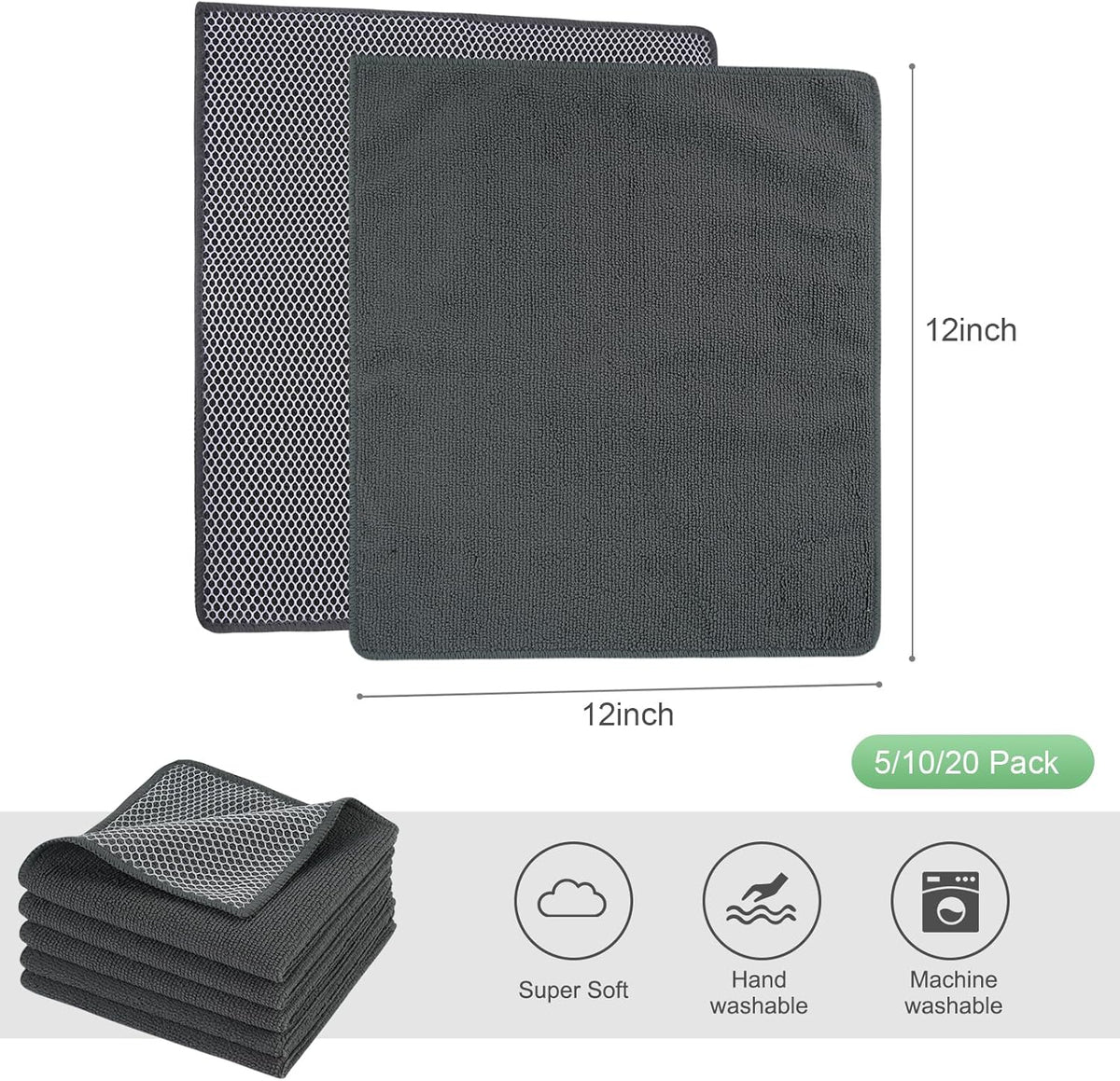SINLAND Microfiber Dish Cloth Kitchen Washcloth Best Kitchen Cloths Cleaning Cloths Poly Scour Side 12"x12" 20Pack Dark Grey