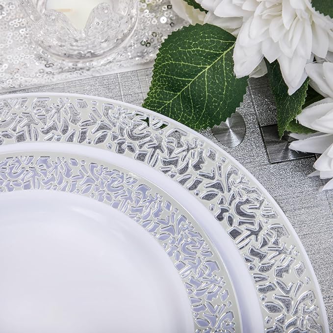 bUCLA 350PCS Silver Plastic Dinnerware Set - Silver Plates Disposable Lace Design for 50 Guests Include 100 Plates,50 Forks,50 Knives,50 Spoons,50Cups,50 Napkins,Ideal for Party,Wedding&Christmas