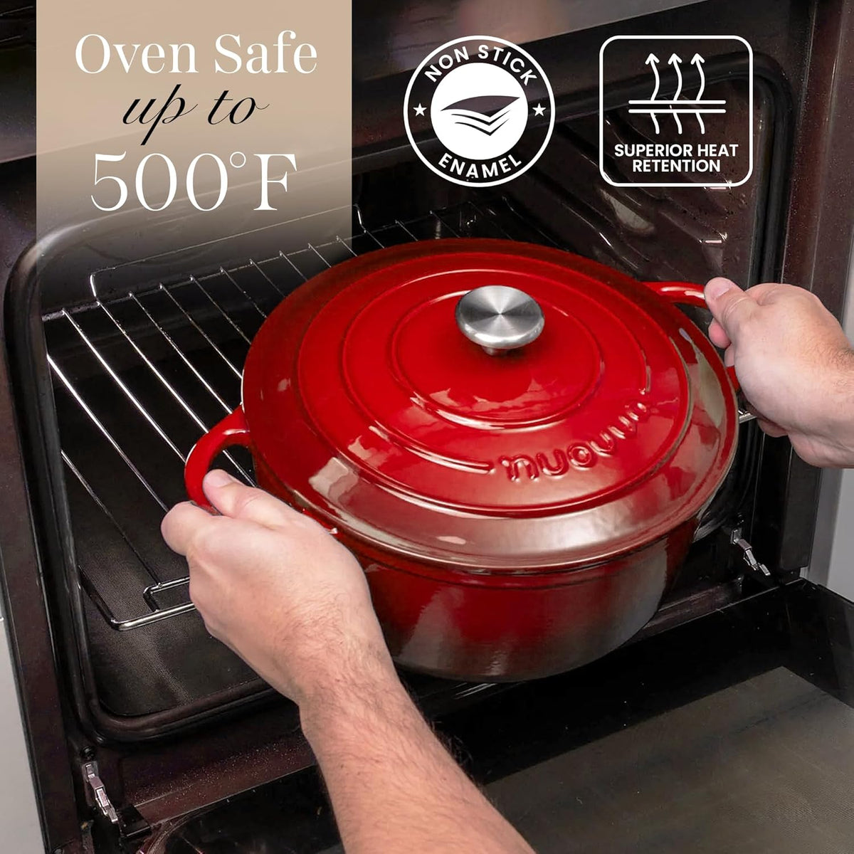 Nuovva Enamelled Cast Iron Dutch Oven Pot with Lid – 6.4 Quart Non Stick Casserole Pot – Heavy Duty & Oven Safe up to 500° F for Bread Baking, Braising, Stews, Roasting – 28cm Red