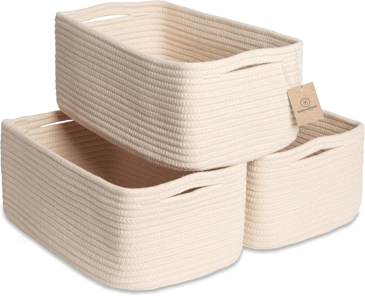 NaturalCozy 13.5”x8.5”x5.5” Storage Baskets for Shelves 3 Pack | Cotton Rope Woven Small Baskets for Organizing | Small Storage Bins for Nursery, Bathroom, Closet, Cube Shelf, Decorative, Gift