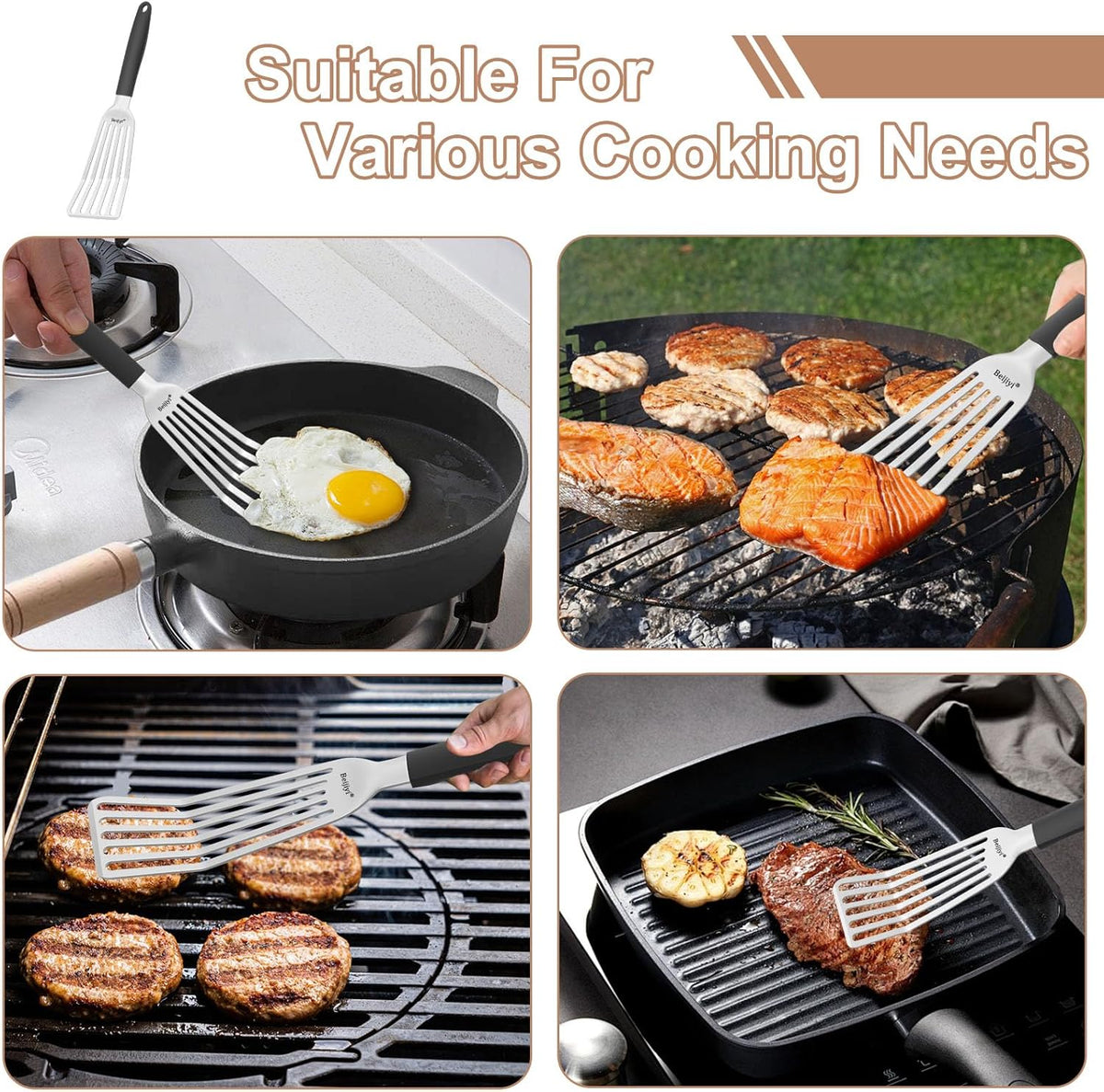 Beijiyi Fish Spatula Stainless Steel, 13.5" Large Metal Fish Spatula for Cast Iron Skillet Cooking and Grilling, Kitchen Slotted Turner with Full Tang Silicone Handle and Curved Blade