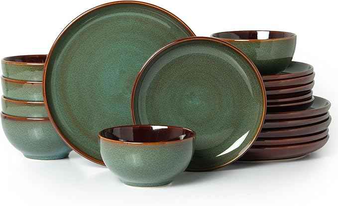 Stoneware Dinnerware Sets for 6, Microwave Safe Plate and Bowl Set, Easy to Clean & Durable Dishes Sets for Small to Medium Families, Sage Green
