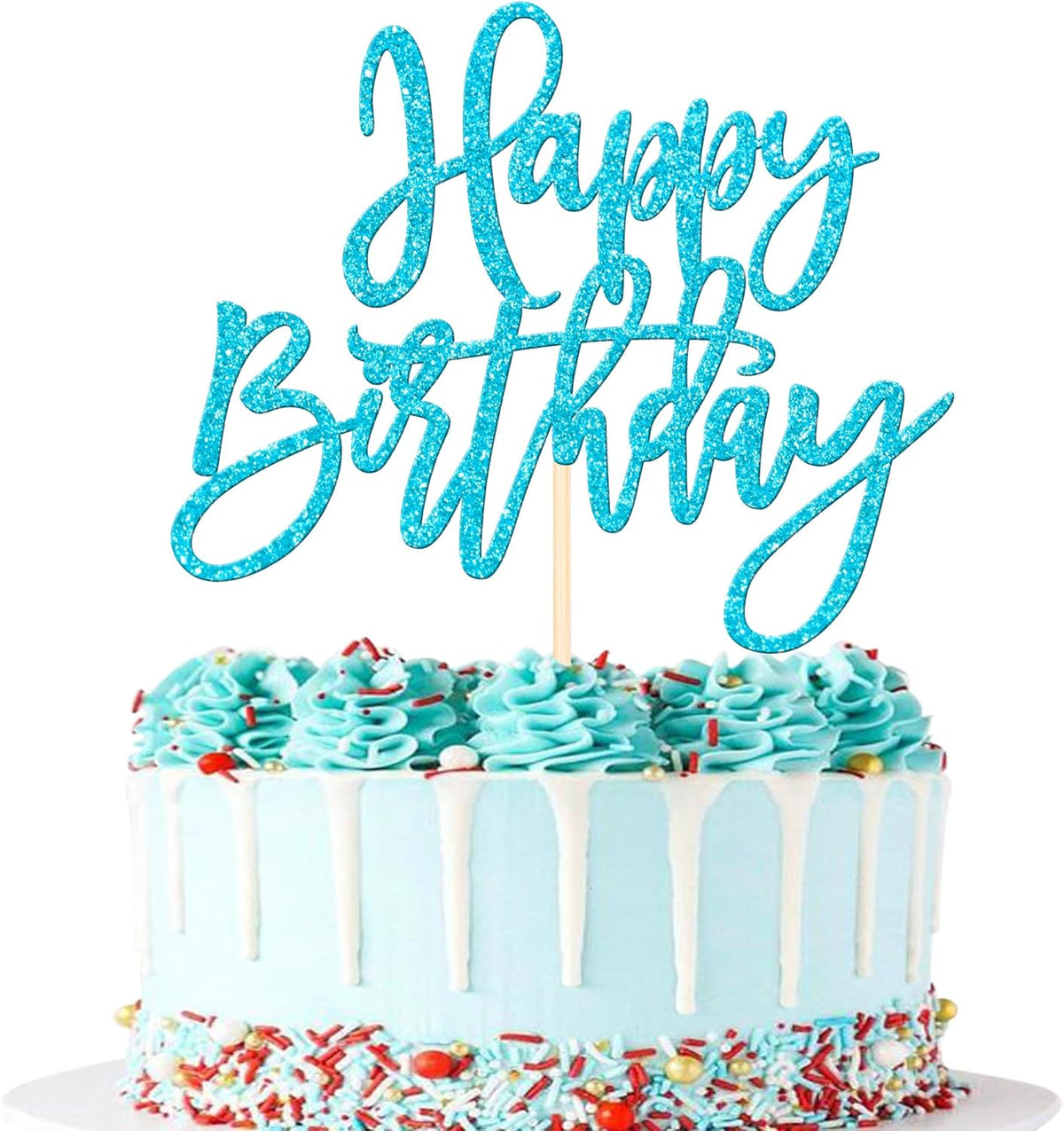 ZHUOWEISM 1 PCS Happy Birthday Cake Topper Glitter Happy Birthday Cake Pick for Celebrating Happy Birthday Anniversary Theme Party Cake Decorations Supplies Light Blue