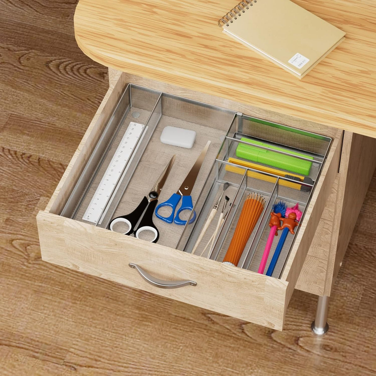 JANE EYRE Utensil Drawer Organizer - Expandable Cutlery Tray, Silverware/Flatware Storage Divider for Kitchen, Mesh Designing with Non-slip Rubber Feet (Silver)