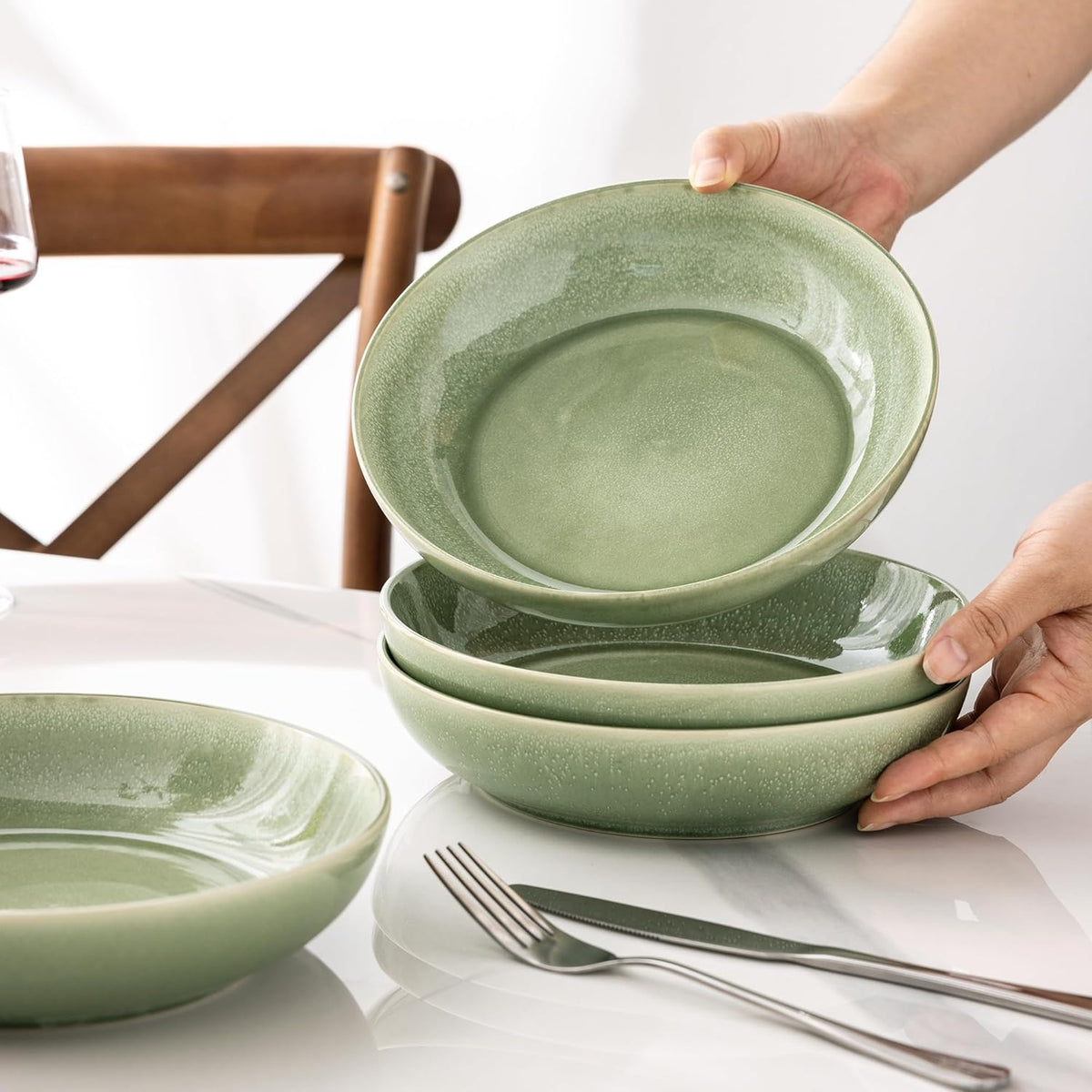 AmorArc 8.5'' Large Ceramic Pasta Bowls Set, 36oz Stoneware Bowls Set of 6 for Kitchen, Reavtive Glaze Bowls-Microwave,Dishwasher Safe for Pasta,Salad,Oatmeal-Olive Green