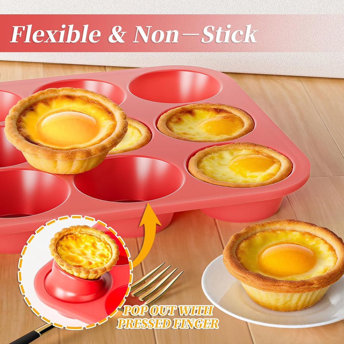 Bangp 12-Cup Silicone Muffin Pan with Metal Reinforced Frame,2 Pack Regular Size Cupcake Pan,Premium Non-Stick Bend Resistance Silicone Molds for Making Muffin,Cakes,Tart,Egg Bites (Red)