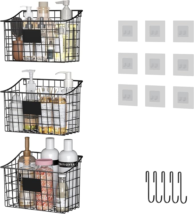 Wall Mounted Bin Basket with 5 Hooks 3 Label Plate Adhesive-3 Pack, Cabinet Hanging Metal Wire Basket,Rustic Farmhouse Decor, Storage Organization Shelf for Pantry Kitchen Bathroom 10.6*7.5*5.1inch