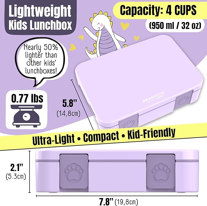BEARFOOT Kids Lunch Box with Compartments – Compact & Lightweight | Leak-Proof, BPA-Free, Dishwasher & Microwave Safe | Hand-Drawn Design for Preschool, School, Travel (Purple, 4 Cups)