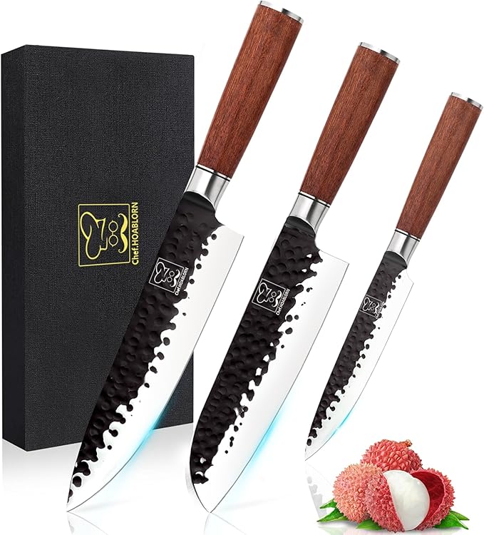 Professional Kitchen Knives High Carbon Stainless Steel Chef Set,3pcs Ultra Sharp Chef's, Santoku, Utility Knife