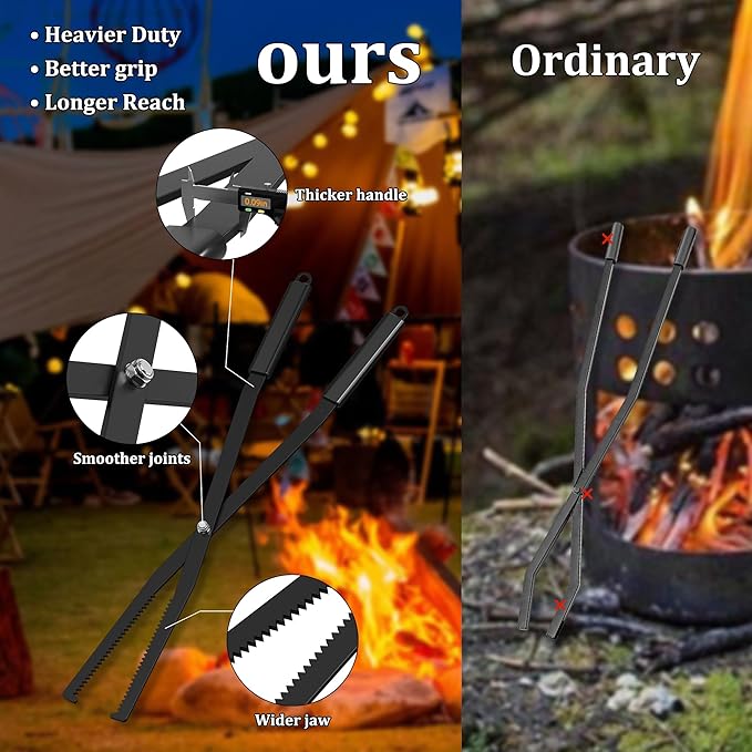 Heavy Duty Fire Tongs Firewood Grabber Tool with Scissor Shape Serrated, Bonfire, Campfire Fire Pit Log Claw Tongs (Black)