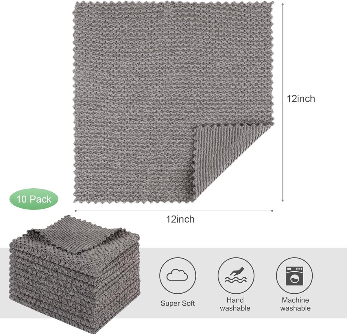 SINLAND Microfiber Dish Cloth for Washing Dishes Rags Best Kitchen Washcloth Cleaning Cloths with Poly Scour Side Popcorn Texture 12Inchx12Inch 10 Pack Grey