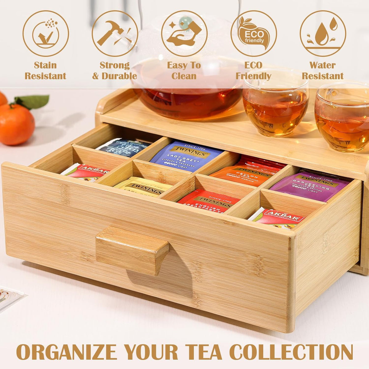 Bamboo Tea Bag Organizer, Slide Drawer Storage Box with 8 Compartments, Eco-Friendly Countertop Holder Display for Teabags, Tea Station Chest, Organizador De Te