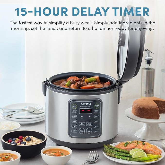 AROMA Professional Digital Rice Cooker, 10-Cup (Uncooked) / 20-Cup (Cooked), Multicooker, Slow Cooker, Steamer, Oatmeal Cooker, Egg Cooker, STS, 5 Qt, Gray, ARC-5200SG