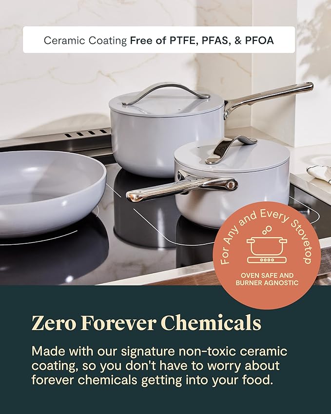 Caraway Non-stick Ceramic Cookware Set (12 Piece) Pots, Pans, Lids and Kitchen Storage - PFAS & PFOA Free - Oven Safe Pan Set & Compatible with All Stovetops - Cream