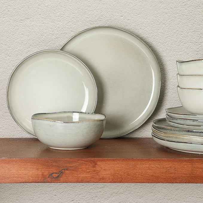 Gibson Elite Nardini 12 Piece (Service for 4) Plates and Bowls Reactive Glaze Dishes Stoneware Ceramic Dinnerware Set - Moon White