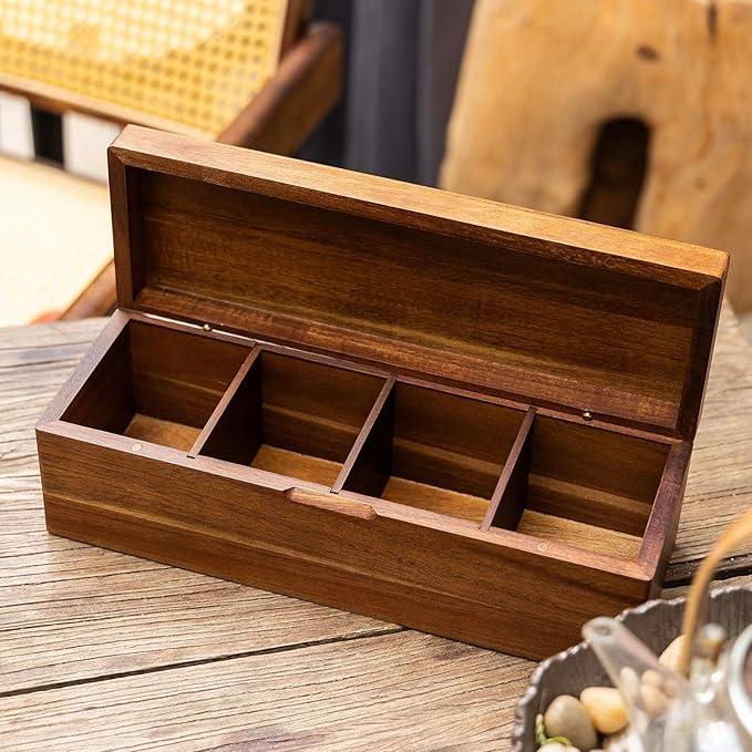 Acacia Wooden Tea Bag Organizers, Tea packet Storage Boxes, Tea Caddy for Tea Bags Chest, Teabag Holder Containers, Teabox Station Display, Organizador De Tes Caja Para Te, 4 Compartments