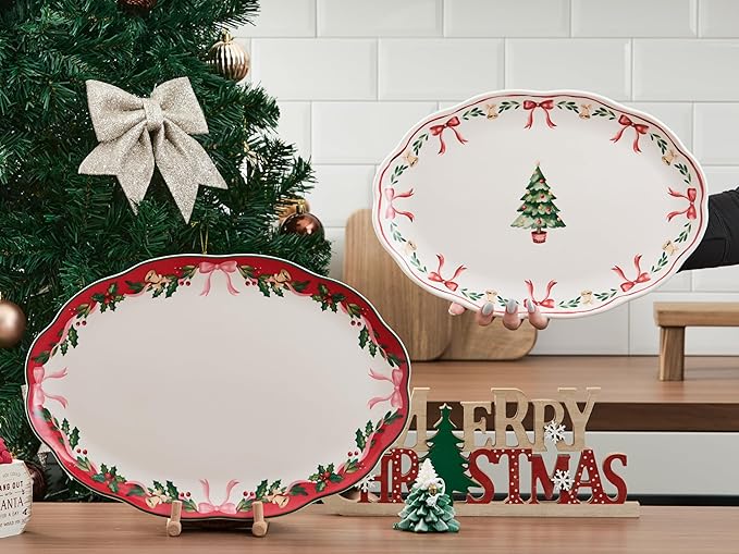 Bico Ribbon Christmas Scalloped 16 plus 14 inch Ceramic Oval Platters Set, Set of 2, Microwave & Dishwasher Safe, for Serving Fish, Chicken, Turkey