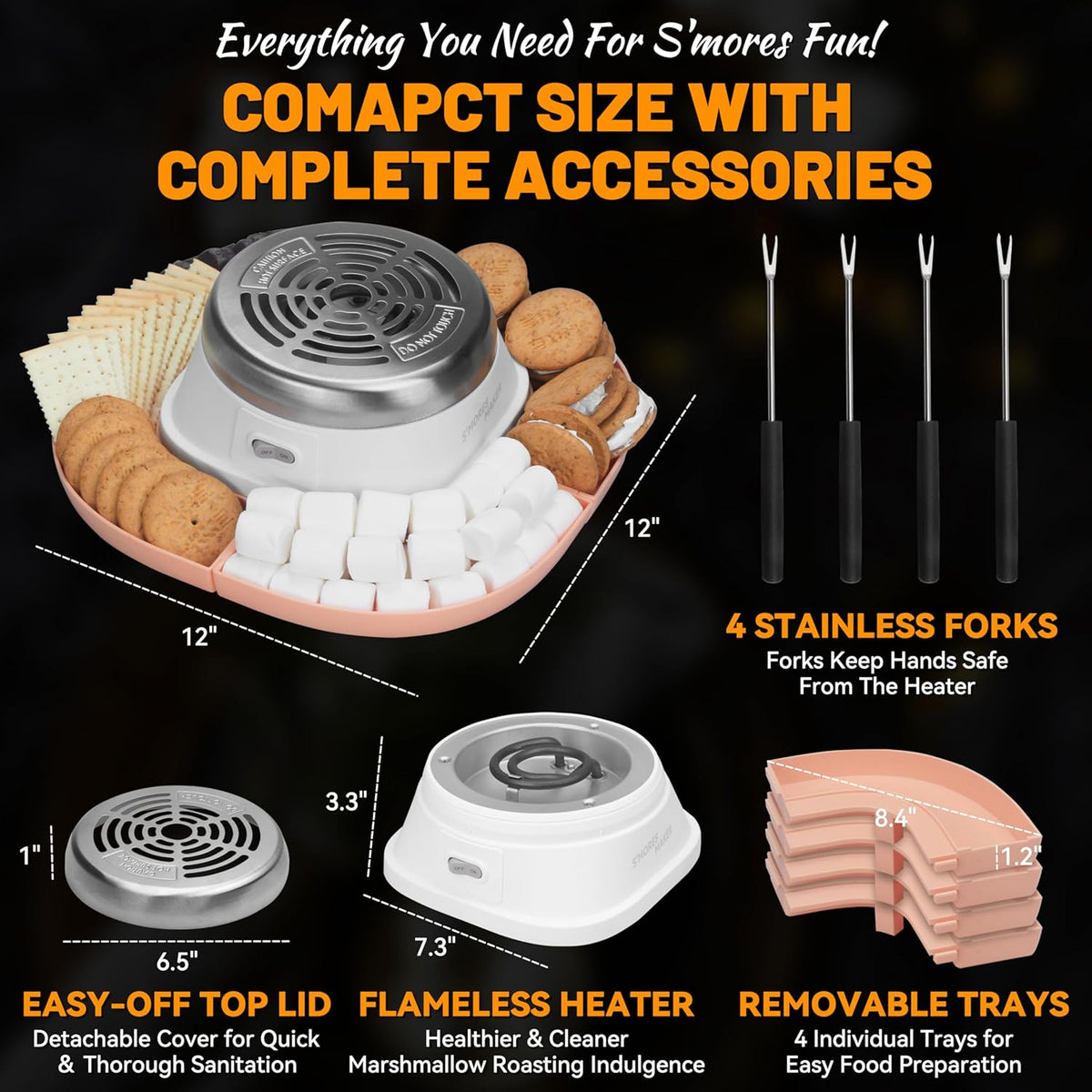 Smores Maker Tabletop Indoor Kit, Indoor Marshmallow Roaster, Flameless Electric S'mores Maker, Smores Maker with 4 Detachable Tray & Roasting Sticks, Gift for family & Date Night, Orange