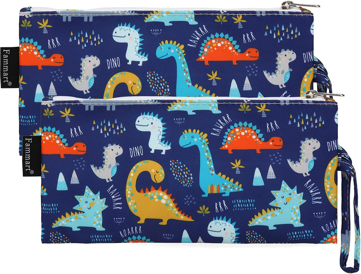 Reusable Sandwich Bag/Snack Bag for Kids & Adults, Dual Layer Lunch Bag with Handle, Washable, Food Safe, BPA Free (2-Pack, Dinosaur)