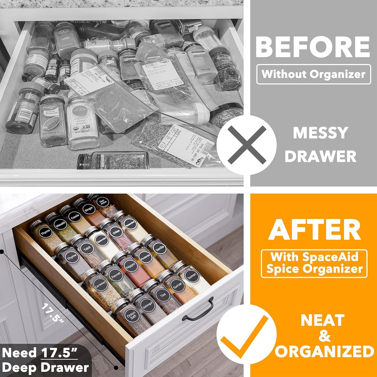 SpaceAid Spice Drawer Organizer with 20 Spice Jars, 386 Spice Labels, 4 Tier Seasoning Rack Tray Insert for Kitchen Drawers, 9-1/2" Wide x 17-1/2" Deep