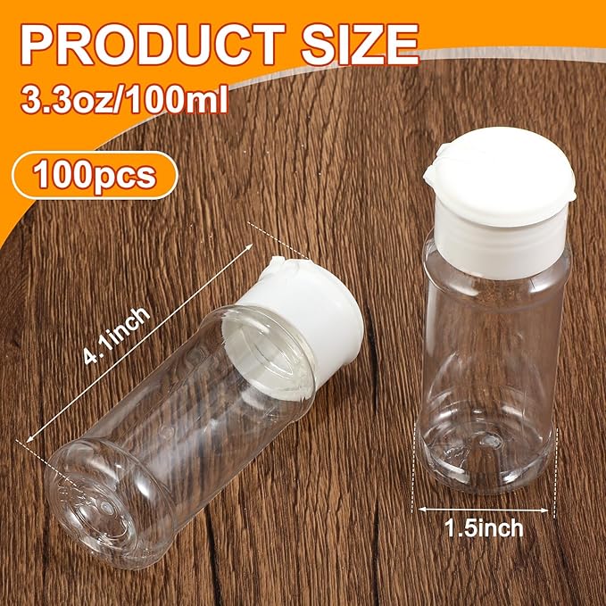Amyhill 100 Pcs Plastic Spice Bottles Spice Jars Seasoning Jars Shaker Plastic Jars 3.3 Oz/ 100ml Seasoning Shaker with Shaker Lids(White Lid)