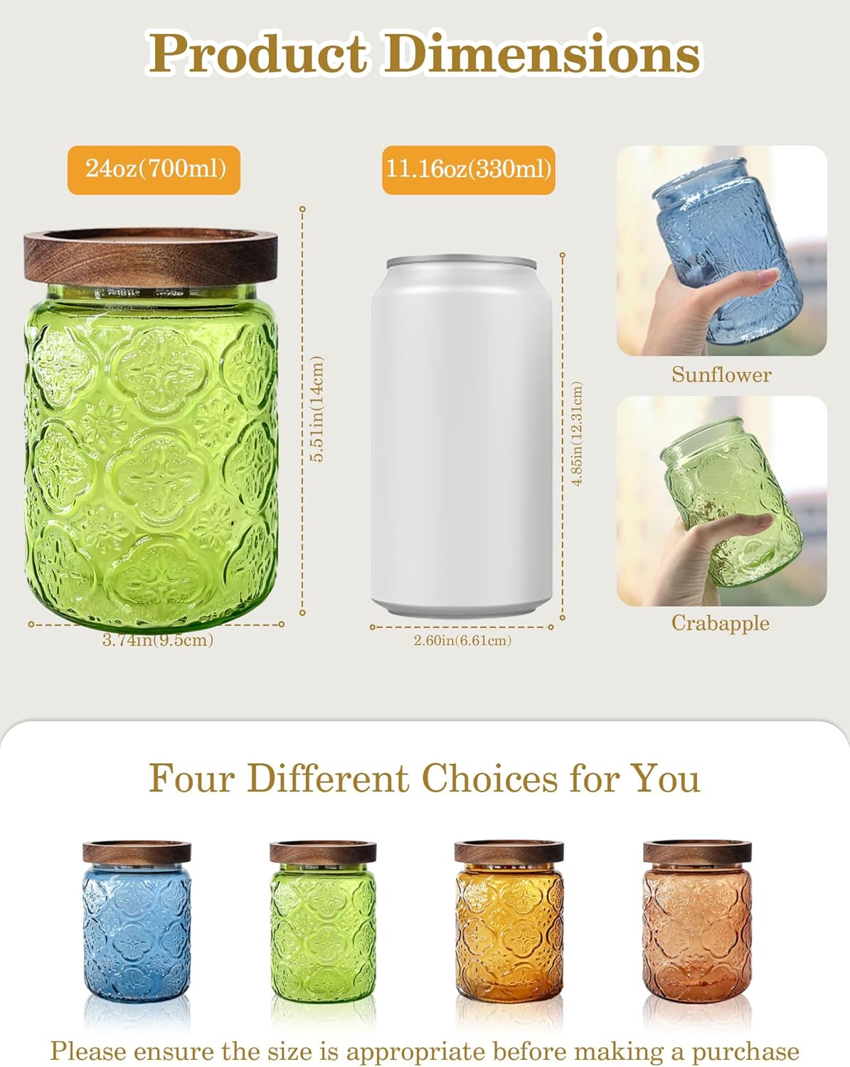 Glass Jars with Airtight Wood Lids – 24 OZ Kitchen and Pantry Canisters Sets, Decorative Vintage Storage Containers for Candy, Coffee, Cookie, Cereal, Flour, Sugar, Tea, Set of 4 Begonia