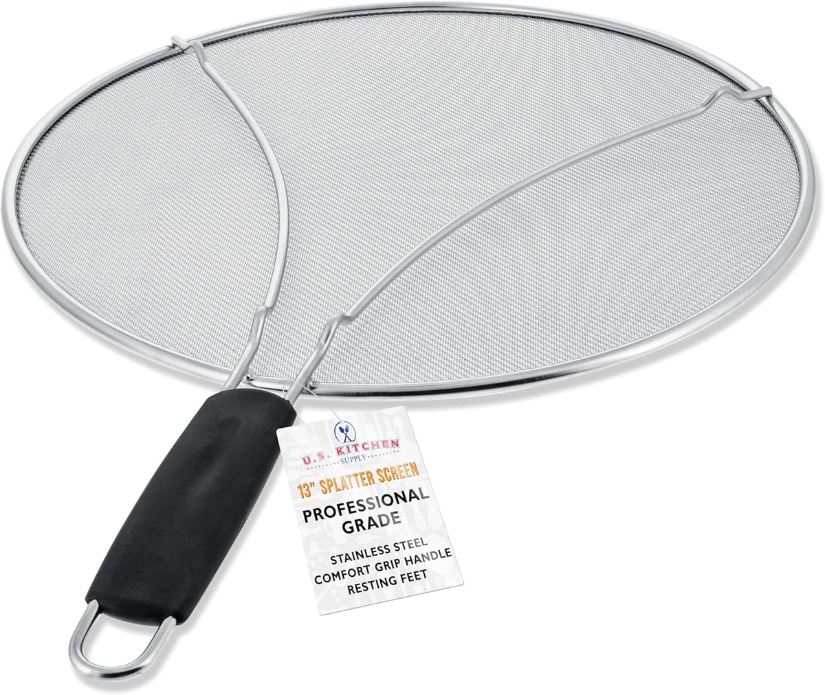 U.S. Kitchen Supply Stainless Steel Splatter Guard 13" Fine Mesh Cover, Grease & Oil, Splatter Screen for Frying Pan, Cooking Pots, with Resting Feet & Comfort Grip Handle