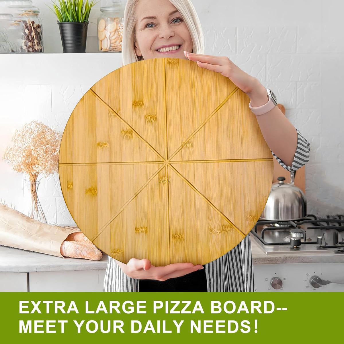 16"Double Sided Round Cutting Boards Large Pizza Cutting Board Pizza Server Bamboo Wooden 16inch Pizza Tray Cheese Platter Pizza Oven Accessories Kitchen Gifts Pizza Prep Board with Cutting Grooves