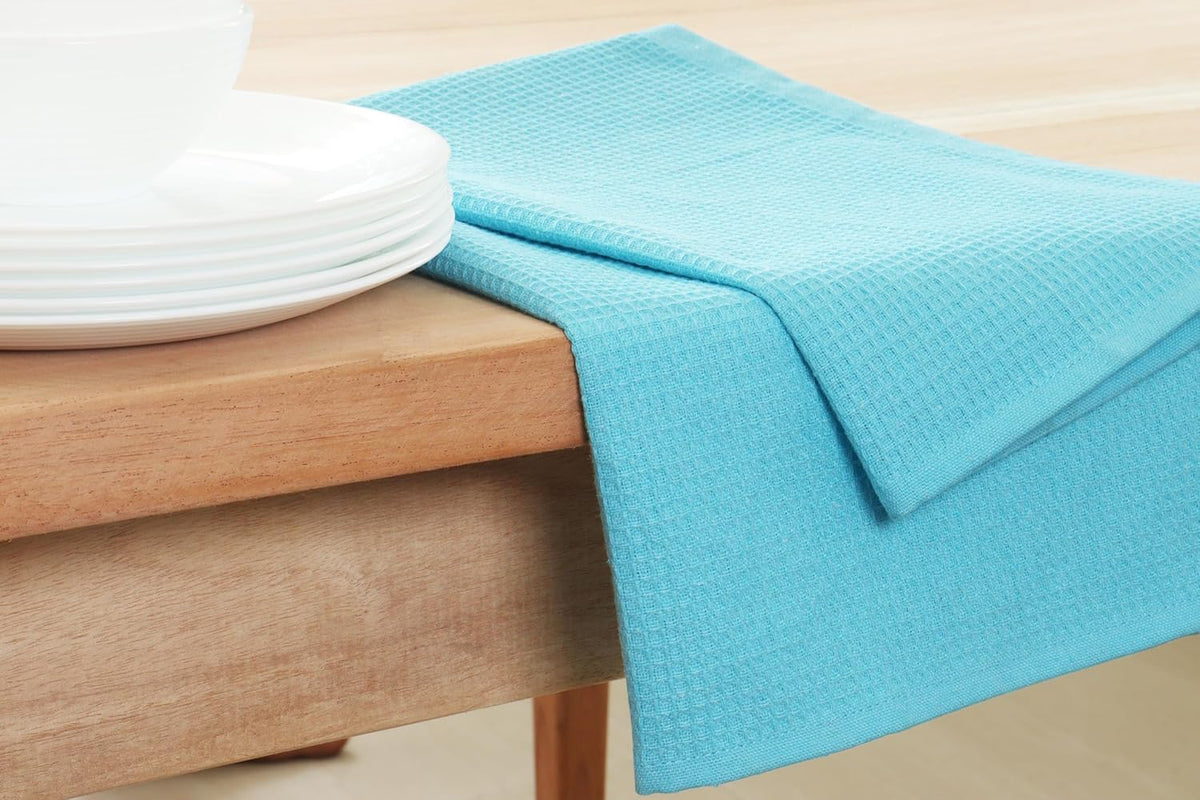 PurpleEssences Waffle Weave Kitchen Towel, 100% Cotton - 15 x 25 Inches, with Hanging Loop Ultra Soft Absorbent Quick Drying Dish Cloth, Tea and Hand Towels, 4 Pack - Spring Summer - Aqua Blue