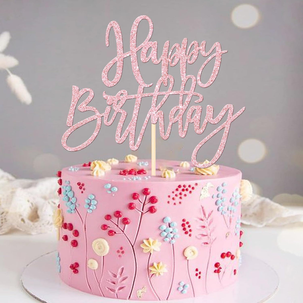 1 PCS Happy Birthday Cake Topper Glitter Cake Pick for Celebrating Anniversary Theme Party Cake Decorations Supplies Light Pink