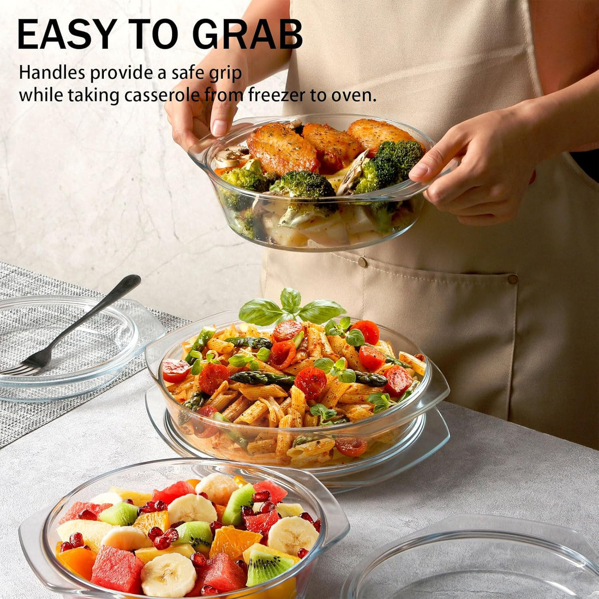 ZYER Round Glass Casserole Dish Set, Glass Casseroles with Lid (Set of 3-1L, 1.4L, 1.7L)