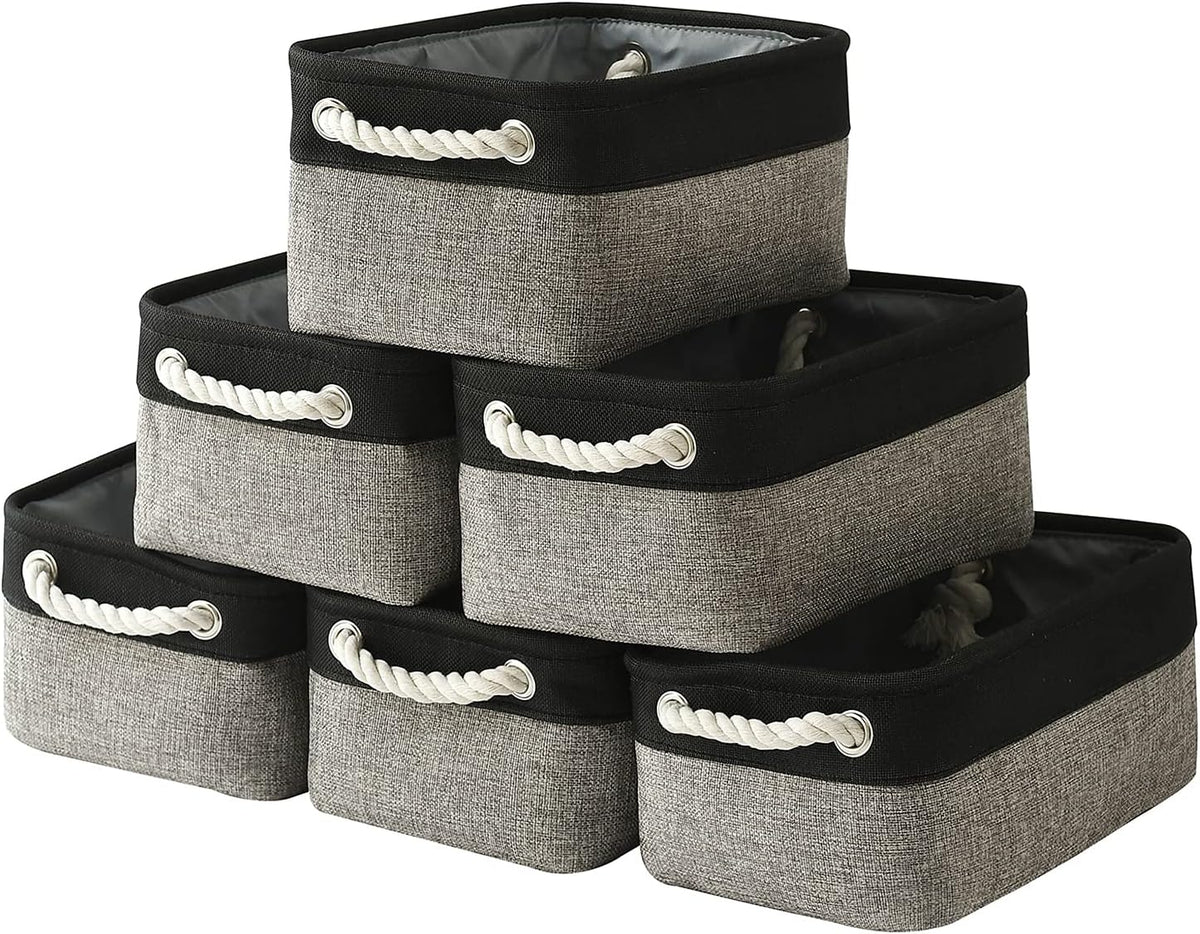 TcaFmac Storage Basket for Shelves - Small 6 Pack Fabric Storage Bins for Organizing, Collapsible Storage Cubes with Handle for Closet Cloth Toy Gift Kids (Black & Grey 11.8 x 7.8 x 5.2 inch)