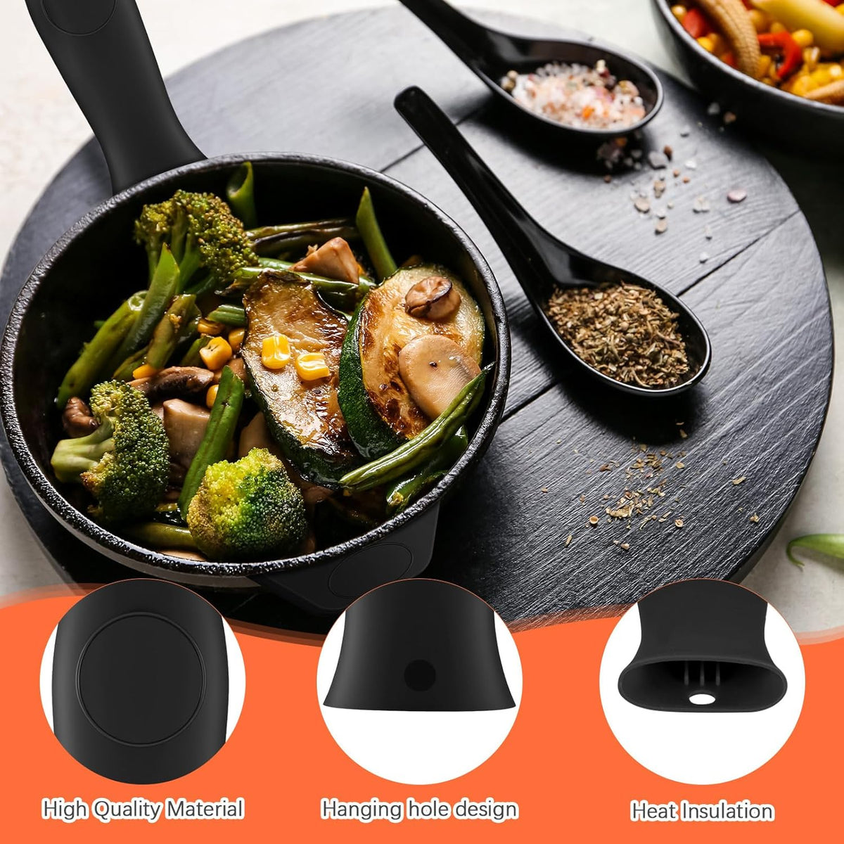 Domensi 4 Pcs Silicone Hot Handle Holder Set Cast Iron Skillet Handle Covers Heat Resistant Silicone Assist Handle Holder for Frying Pans Cast Iron Skillet Griddles Cookware(Black)